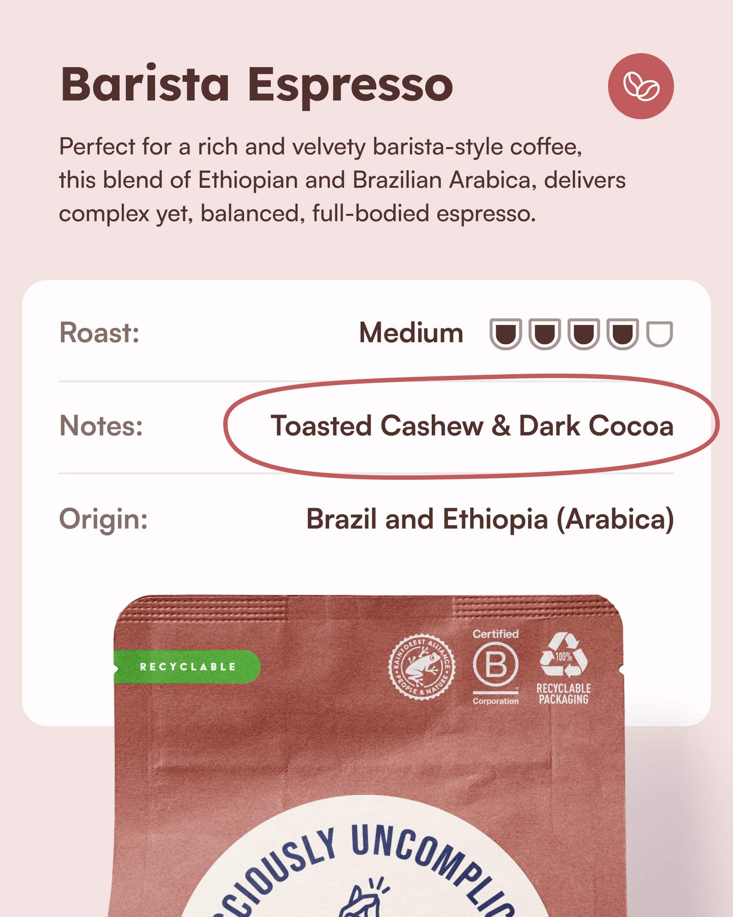 Barista Espresso coffee package highlighting Ethiopian and Brazilian Arabica blend, medium roast with notes of toasted cashew and dark cocoa, featuring recyclable packaging.