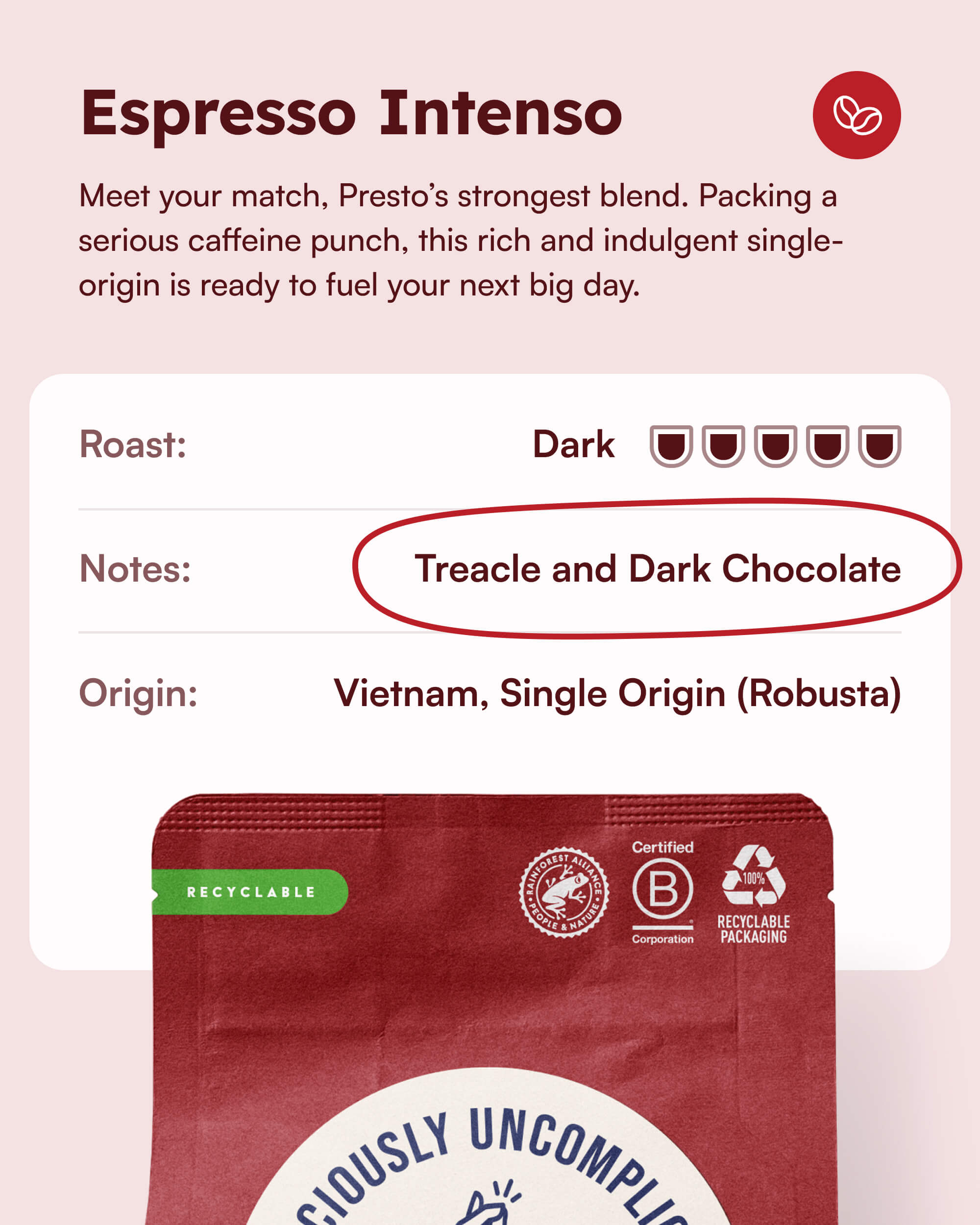 Espresso Intenso coffee packet with dark roast, treacle and dark chocolate notes, Vietnam single origin Robusta, recyclable packaging.