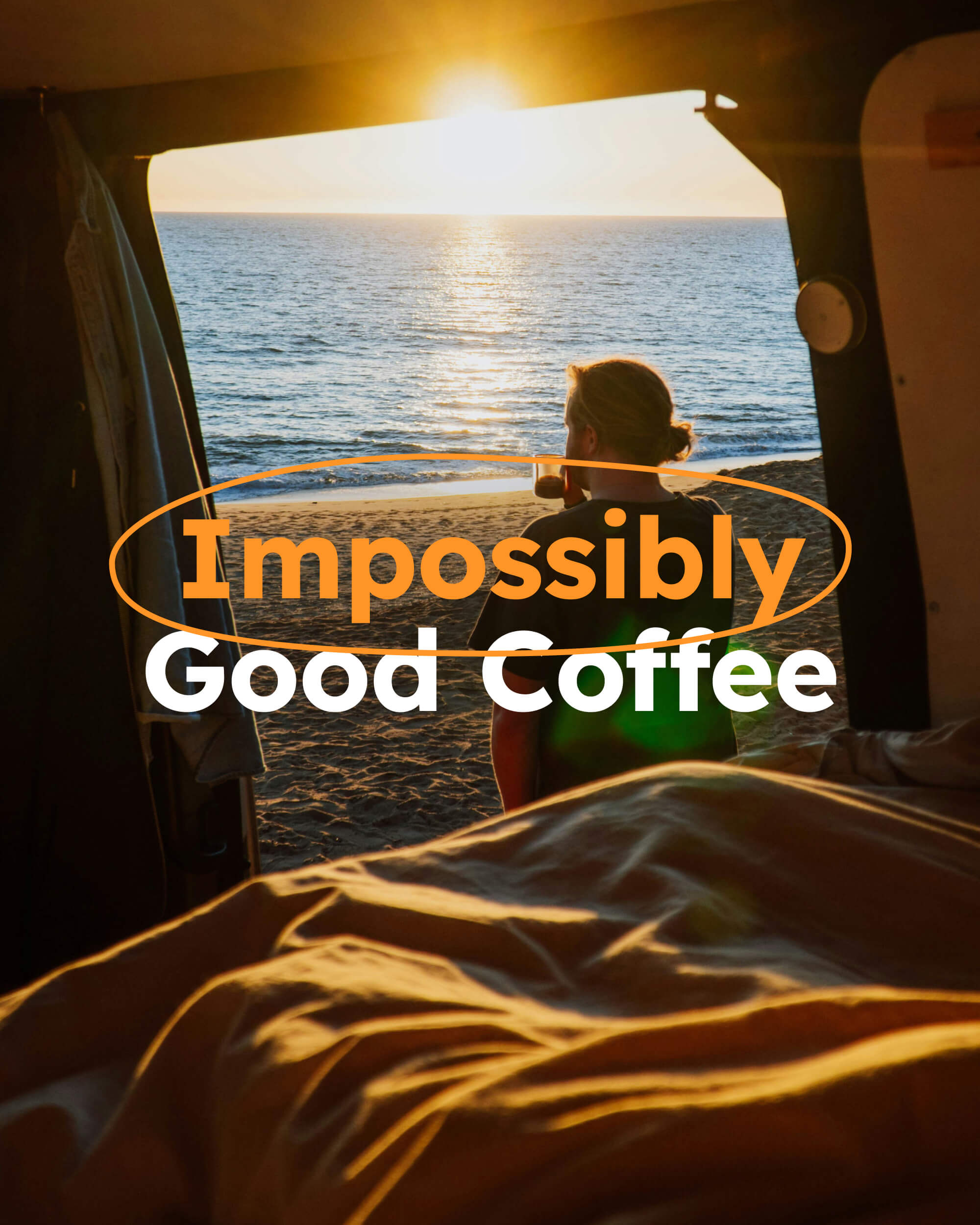 Woman enjoying coffee at sunset on a beach, relaxing in a van with ocean view, 