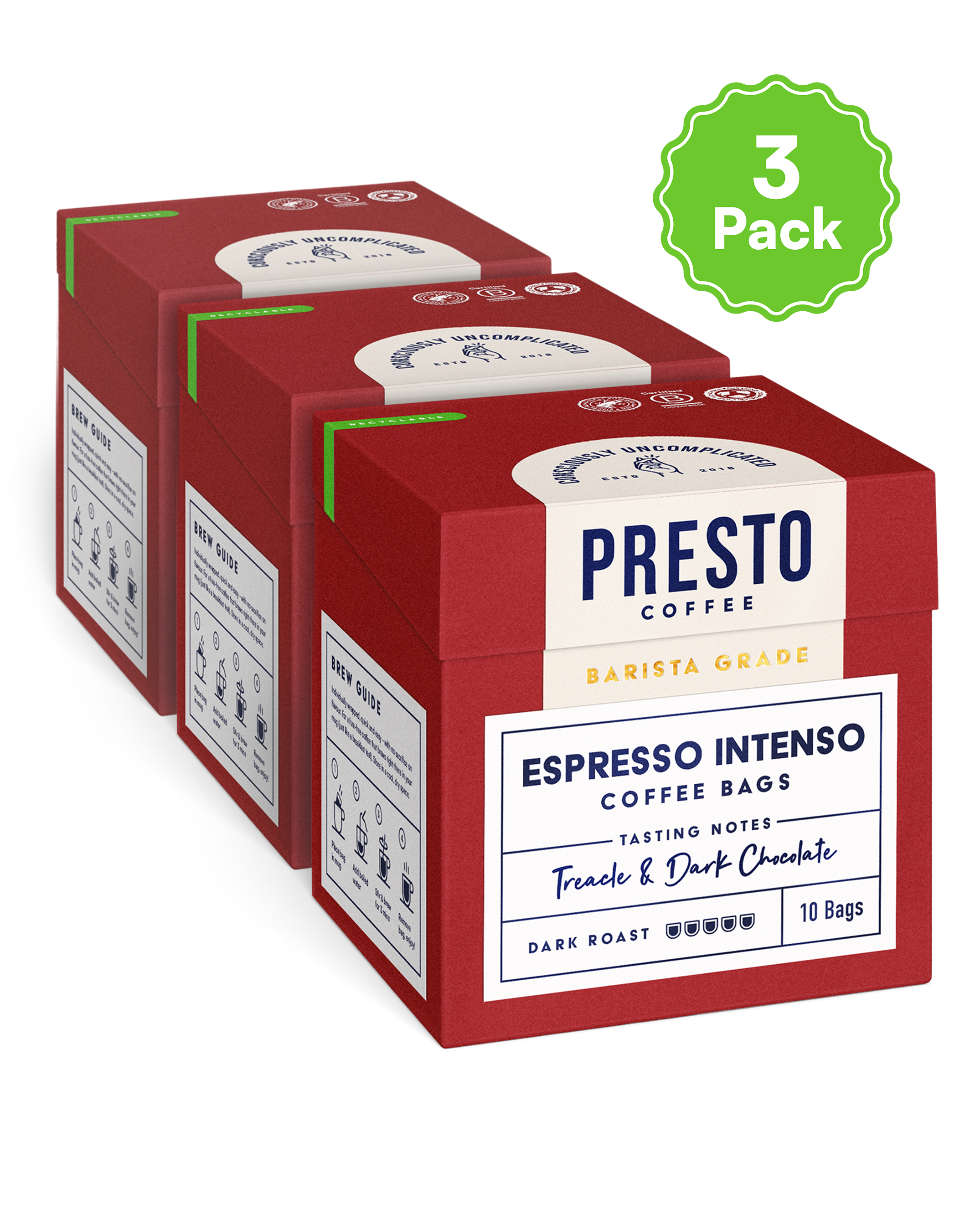 Presto Coffee Espresso Intenso, 3 pack, barista grade, dark roast coffee bags, treacle and dark chocolate tasting notes.