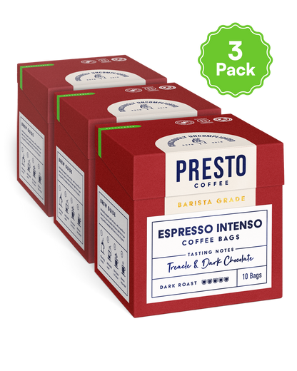 Presto Coffee Espresso Intenso, 3 pack, barista grade, dark roast coffee bags, treacle and dark chocolate tasting notes.