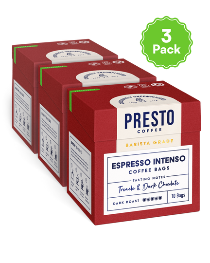 Presto Coffee Espresso Intenso, 3 pack, barista grade, dark roast coffee bags, treacle and dark chocolate tasting notes.