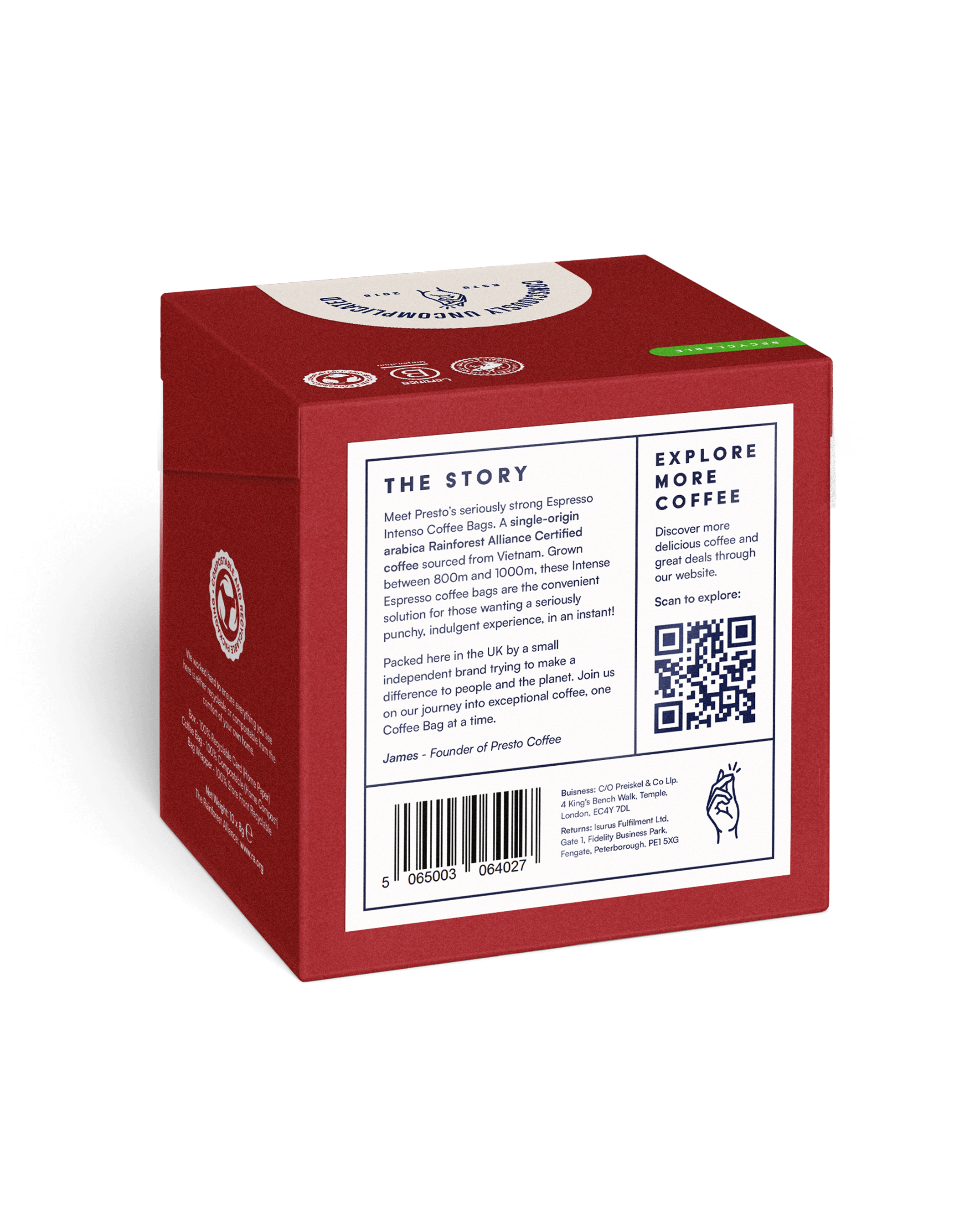 Red Presto Espresso Intenso Coffee Bags with Rainforest Alliance certification, single-origin arabica beans from Vietnam, convenient packaging for instant indulgence, story and barcode on the back, UK independent brand promoting sustainability.