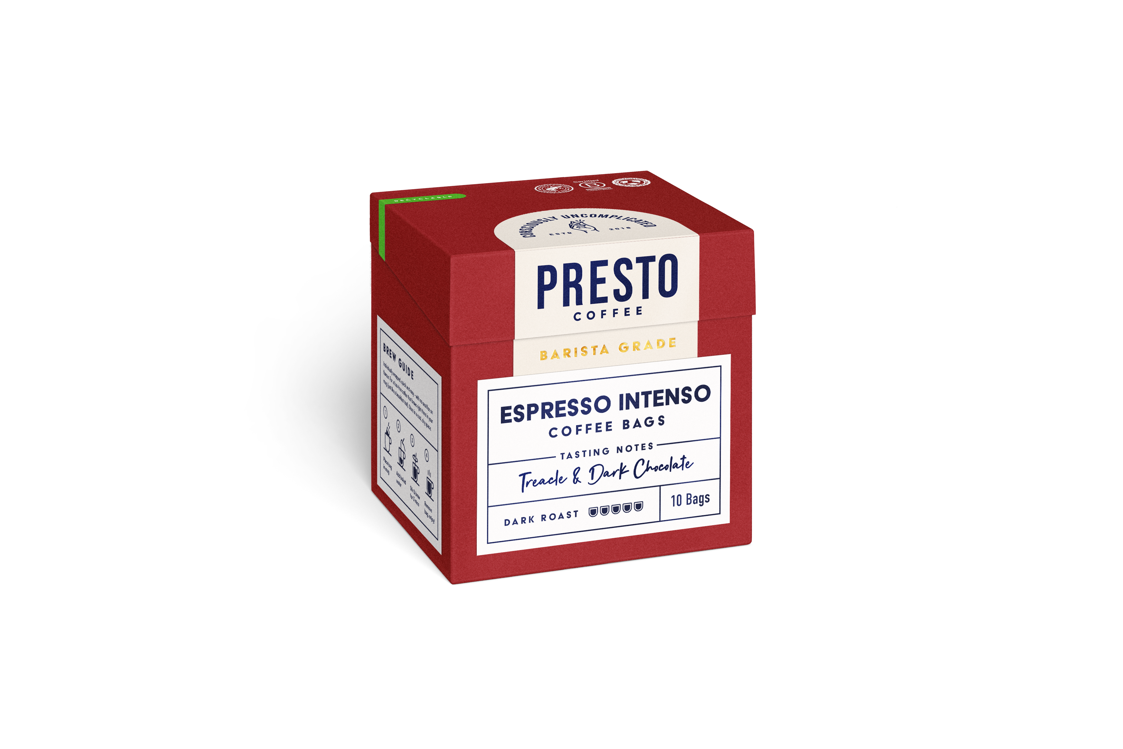 Presto Coffee Barista Grade Espresso Intenso Coffee Bags, dark roast, with treacle and dark chocolate tasting notes, packaging box.