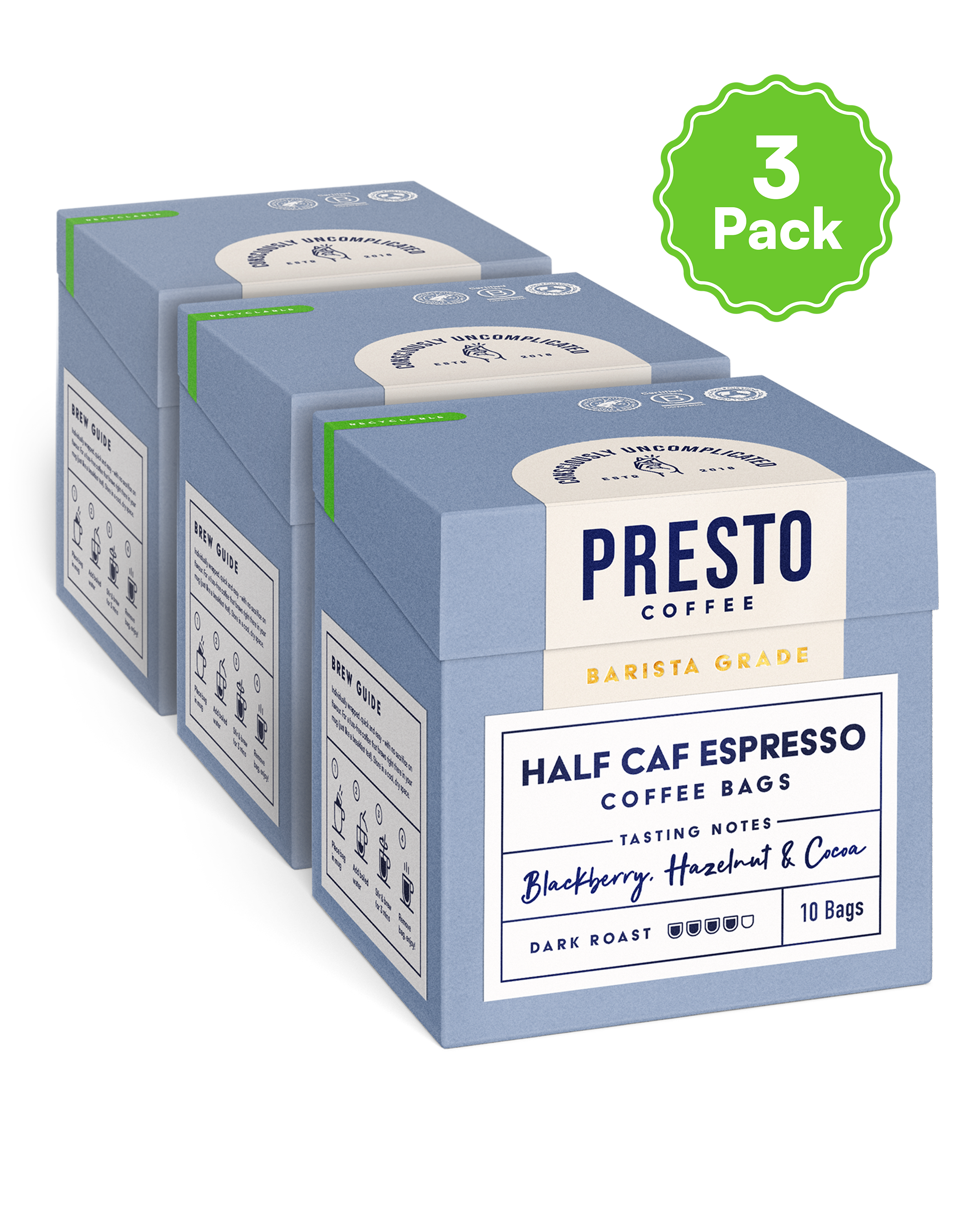 Presto Coffee Half Caf Espresso Coffee Bags, Barista Grade, 3 Pack, Dark Roast, Tasting Notes of Blackberry, Hazelnut, and Cocoa, 10 Bags per Pack.