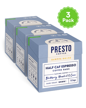 Presto Coffee Half Caf Espresso Coffee Bags, Barista Grade, 3 Pack, Dark Roast, Tasting Notes of Blackberry, Hazelnut, and Cocoa, 10 Bags per Pack.