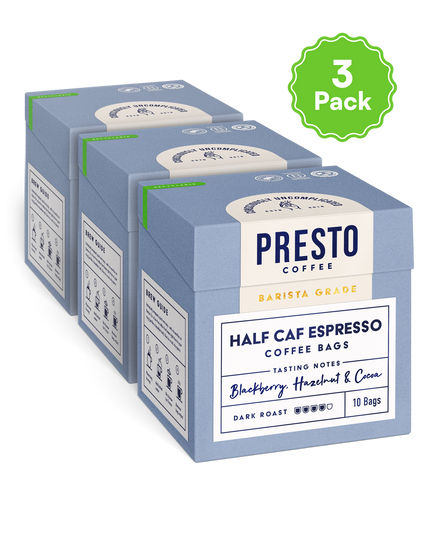 Presto Coffee Half Caf Espresso Coffee Bags, Barista Grade, 3 Pack, Dark Roast, Tasting Notes of Blackberry, Hazelnut, and Cocoa, 10 Bags per Pack.