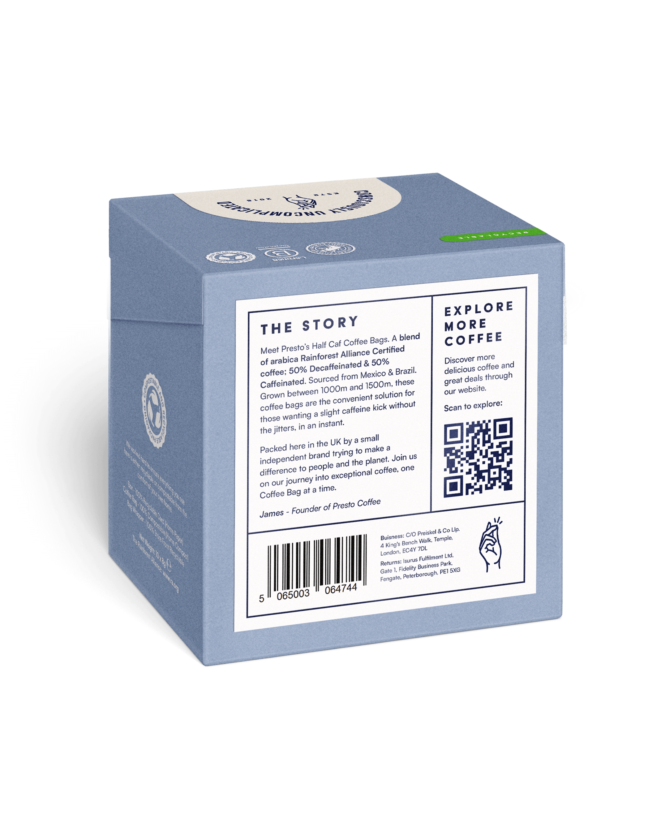 Presto's Half Caf Coffee Bags, arabica coffee blend, Rainforest Alliance Certified, sourced from Mexico and Brazil, eco-friendly packaging, premium coffee product, caffeine balance, QR code for more coffee exploration.