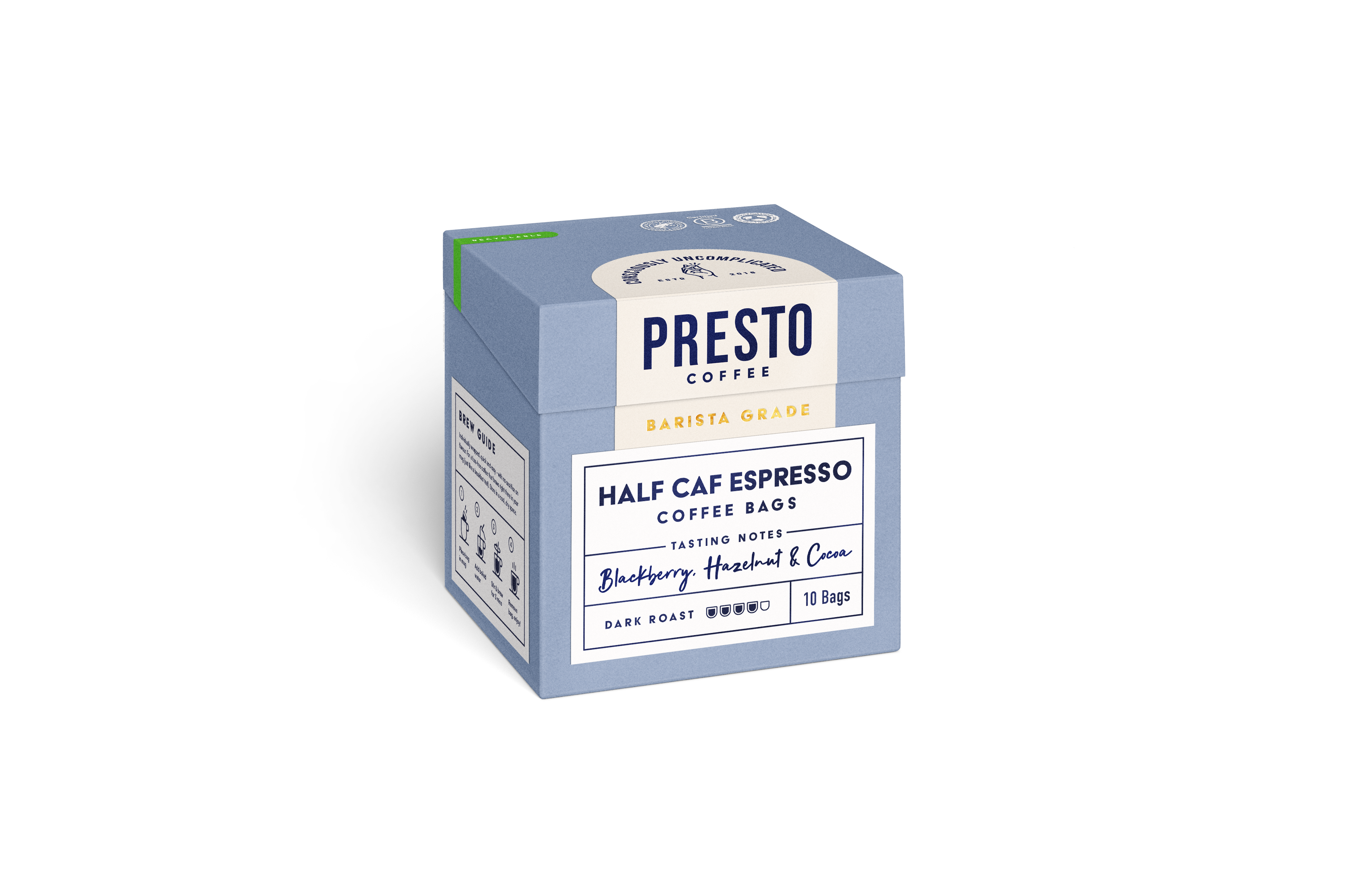 Presto Coffee Half Caf Espresso Bags, barista grade, dark roast, tasting notes of blackberry, hazelnut, cocoa, 10 bags per box.