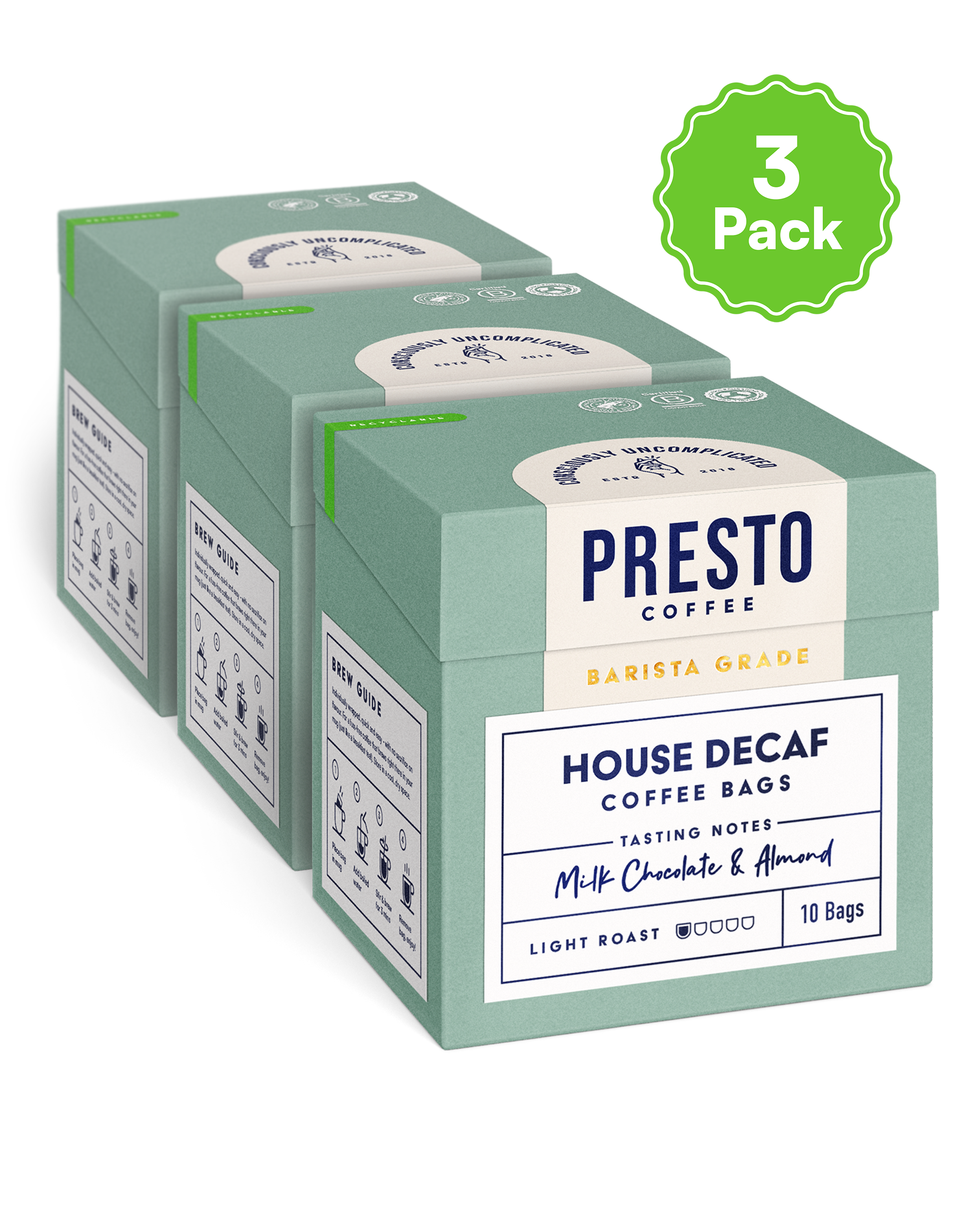 Presto Coffee Barista Grade House Decaf 3-pack, showcasing tasting notes of milk chocolate and almond, light roast 10 bags.