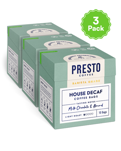 Presto Coffee Barista Grade House Decaf 3-pack, showcasing tasting notes of milk chocolate and almond, light roast 10 bags.