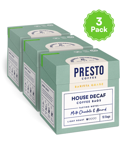 Presto Coffee Barista Grade House Decaf 3-pack, showcasing tasting notes of milk chocolate and almond, light roast 10 bags.