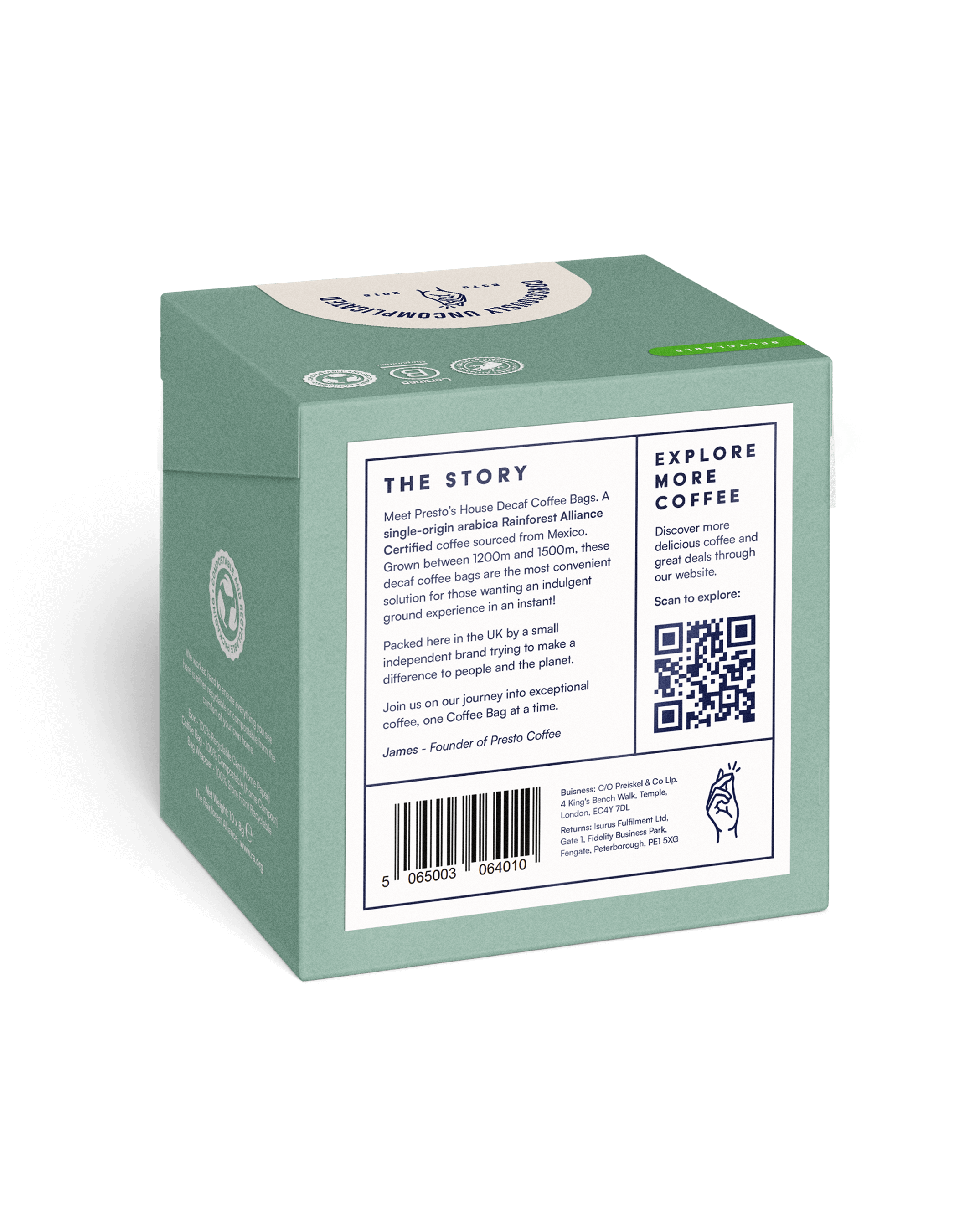 Presto's House Decaf Coffee Bags packaging, featuring Rainforest Alliance Certified label, single-origin arabica coffee sourced from Mexico, eco-friendly design with barcode and QR code for more information.