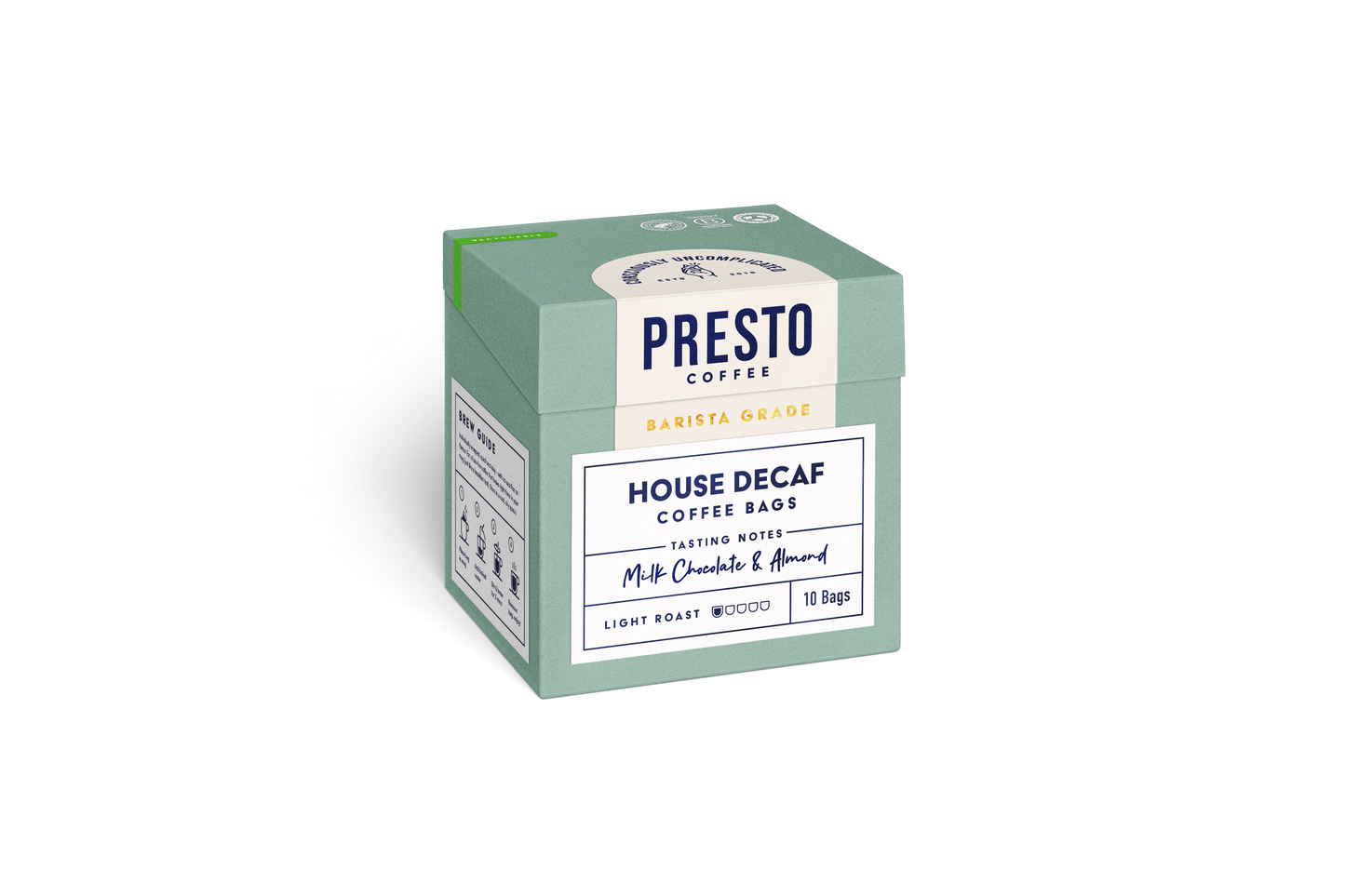 Presto Coffee House Decaf Coffee Bags, barista grade, light roast, tasting notes milk chocolate and almond, 10 bags.