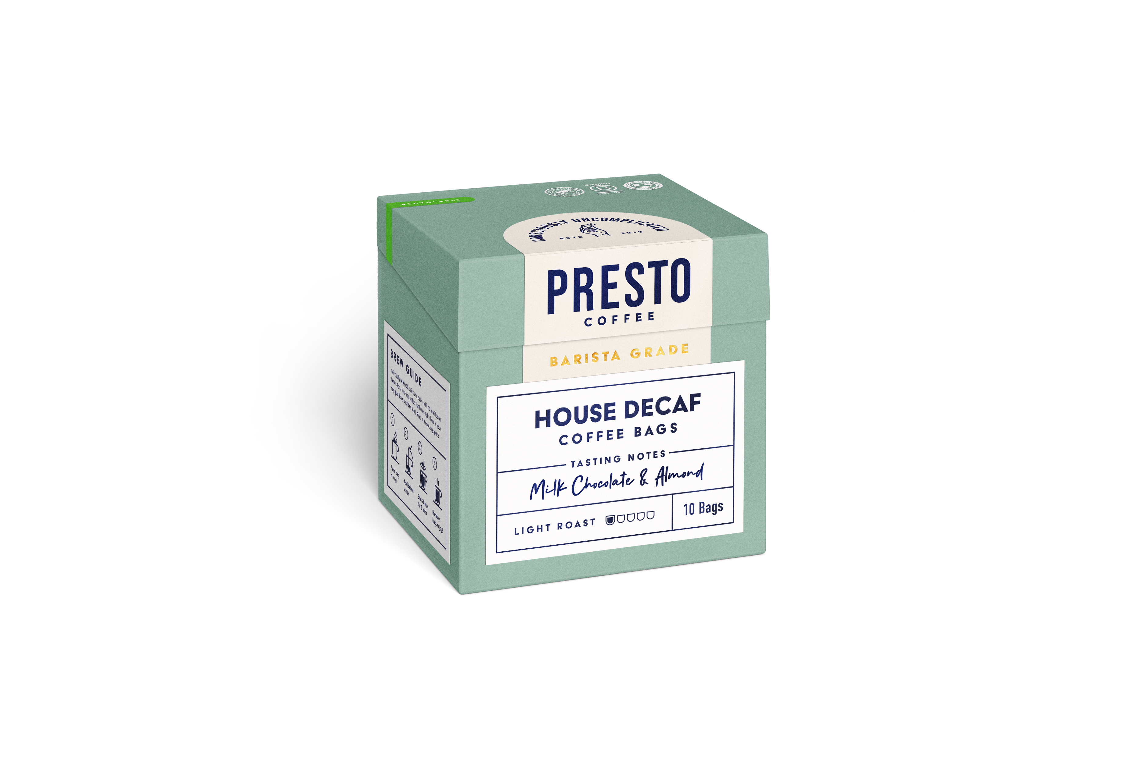 Presto Coffee House Decaf Coffee Bags, barista grade, light roast, tasting notes milk chocolate and almond, 10 bags.