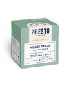 Presto Coffee House Decaf coffee bags with tasting notes of milk chocolate and almond, barista grade light roast, packaging showing brew guide and 10 bags.