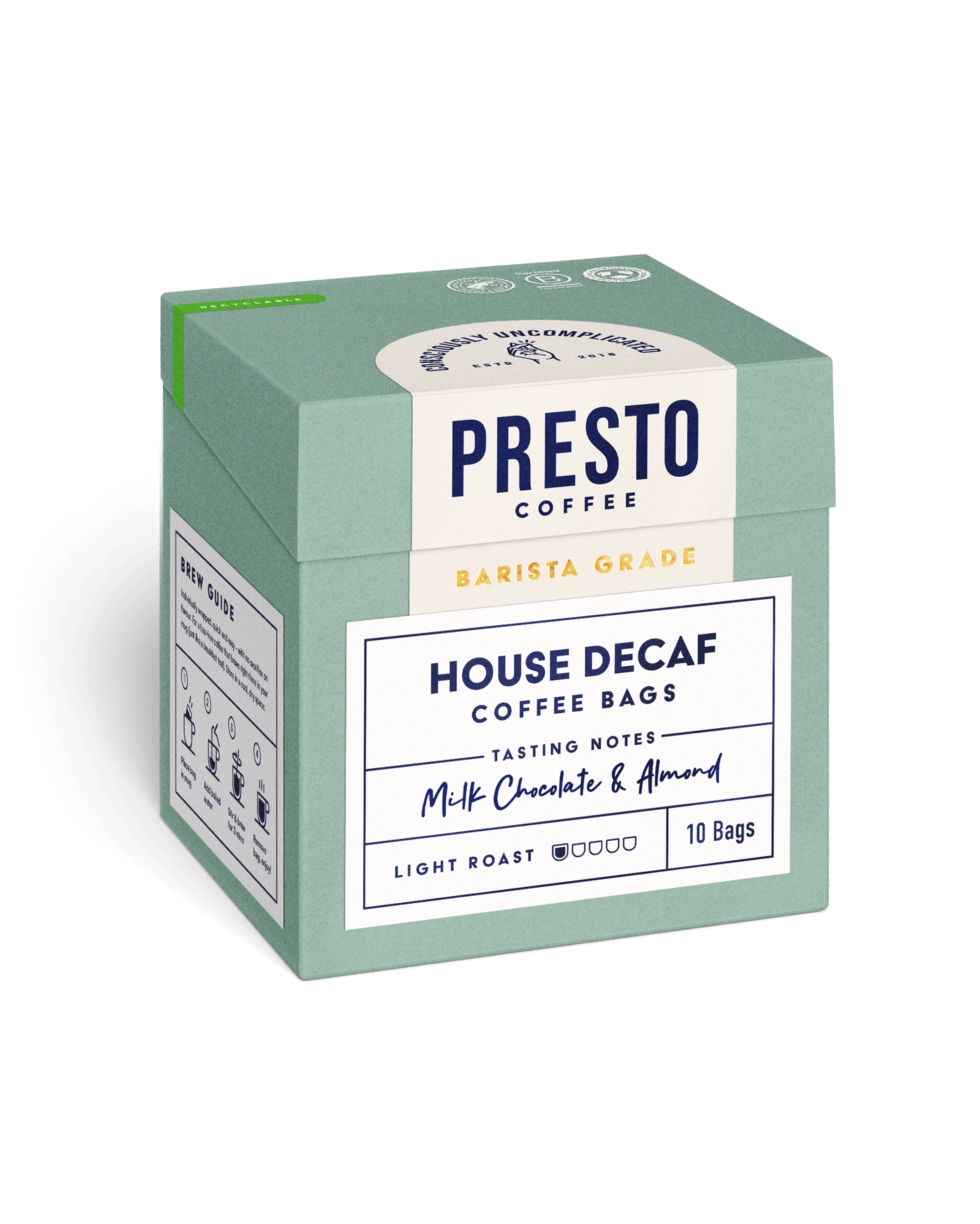 Presto Coffee House Decaf coffee bags with tasting notes of milk chocolate and almond, barista grade light roast, packaging showing brew guide and 10 bags.