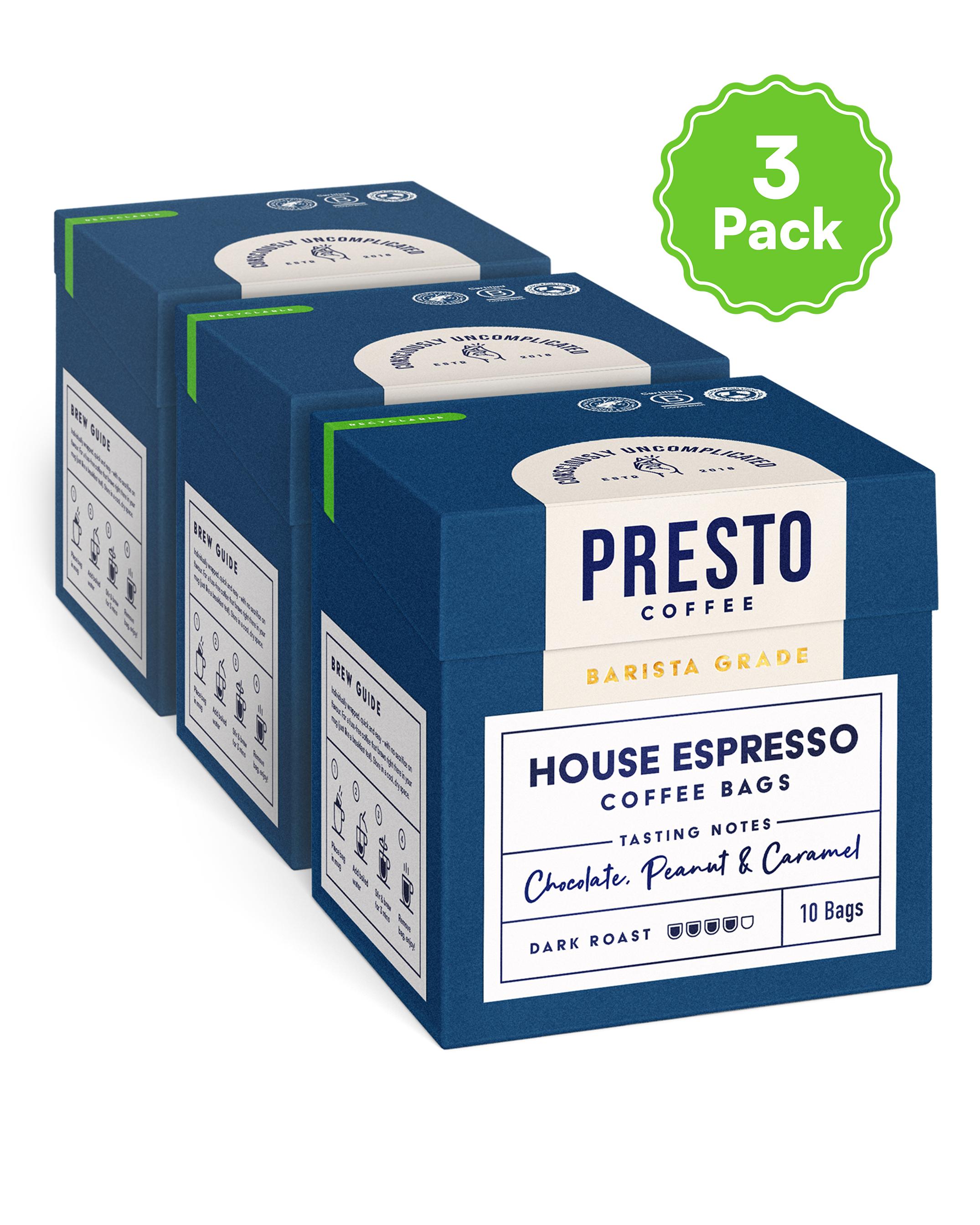 Presto Coffee 3 Pack, House Espresso Coffee Bags, Barista Grade, Dark Roast, Chocolate Peanut Caramel Tasting Notes