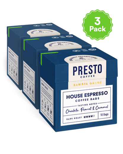 Presto Coffee 3 Pack, House Espresso Coffee Bags, Barista Grade, Dark Roast, Chocolate Peanut Caramel Tasting Notes