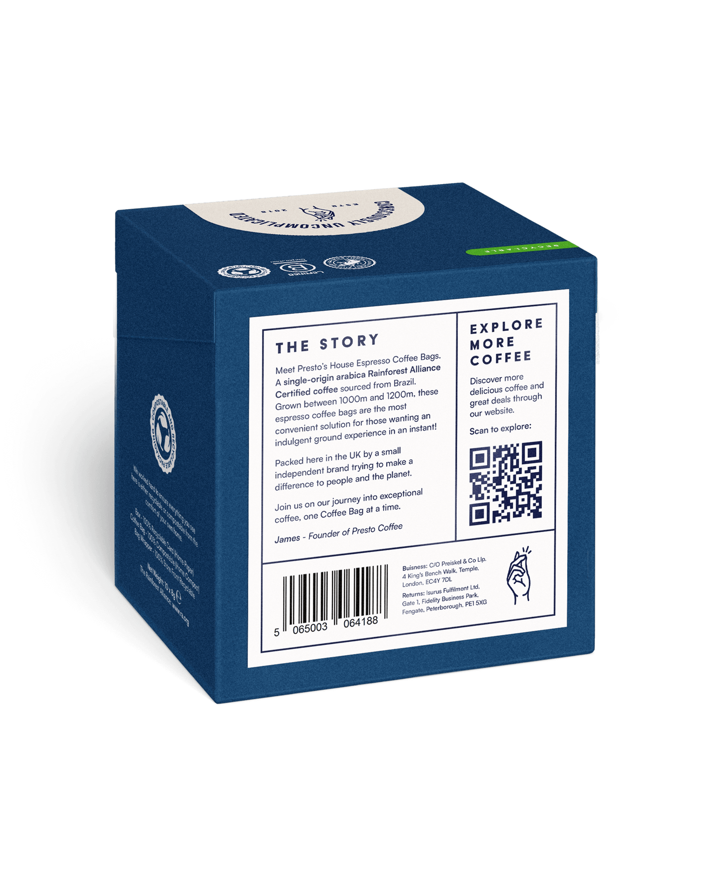 Presto coffee bags packaging, single-origin espresso, Rainforest Alliance certified, Brazilian coffee, blue box, QR code, environmental commitment, instant coffee solution.