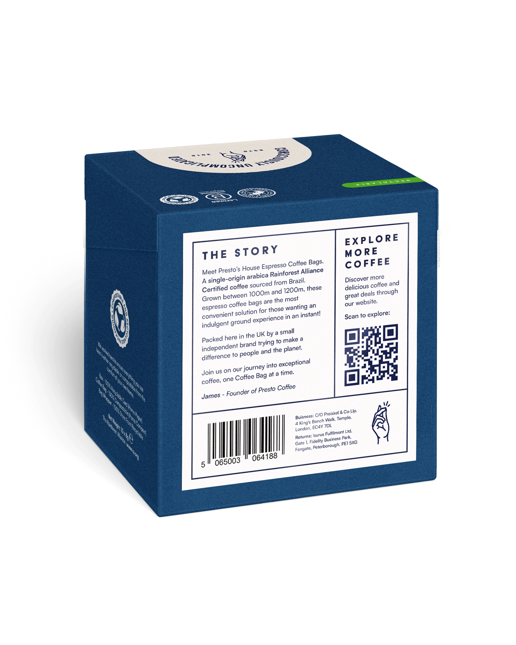 Presto coffee bags packaging, single-origin espresso, Rainforest Alliance certified, Brazilian coffee, blue box, QR code, environmental commitment, instant coffee solution.