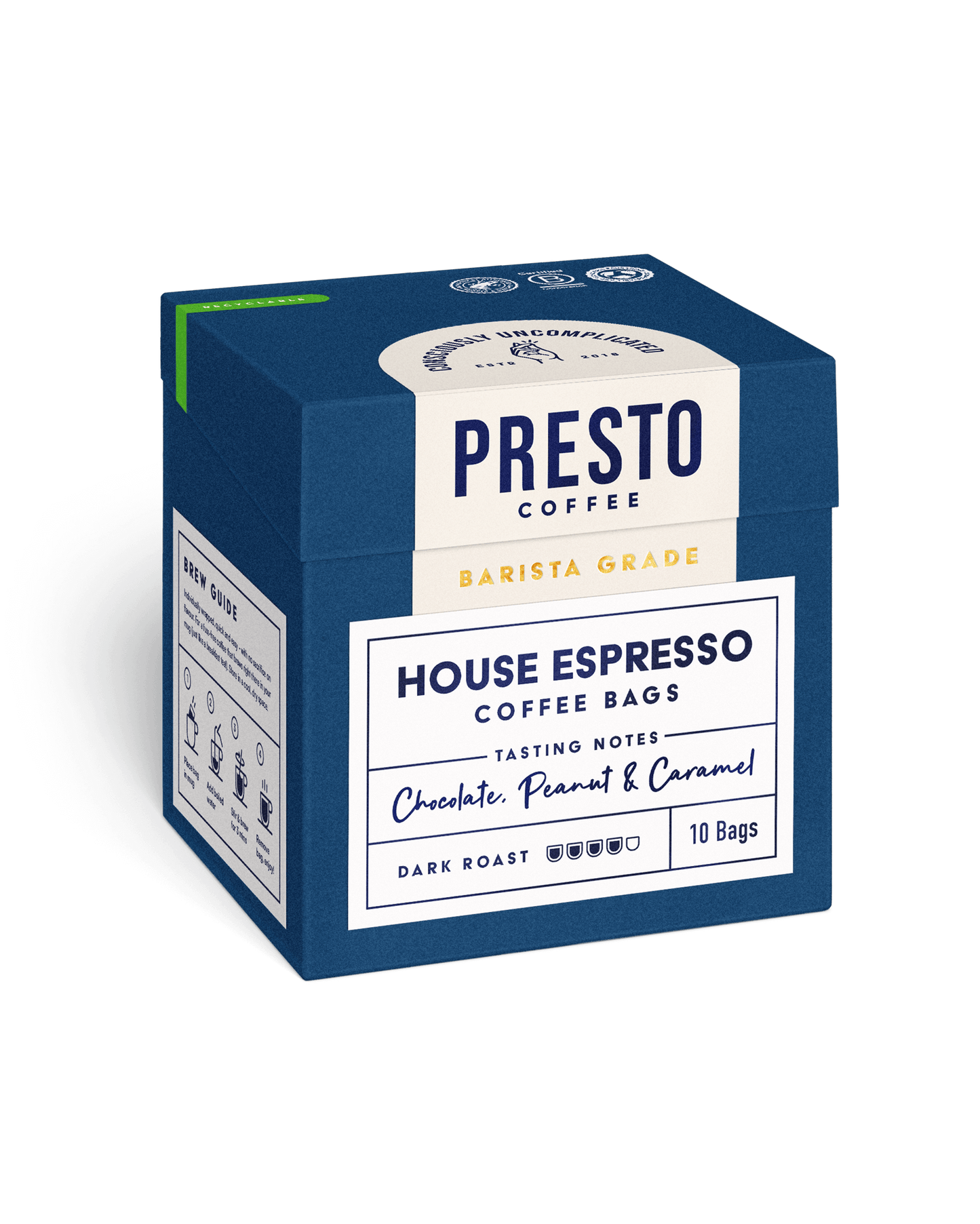 Presto Coffee House Espresso, Barista Grade, Dark Roast Coffee Bags, Tasting Notes: Chocolate, Peanut, Caramel, 10 Bags.