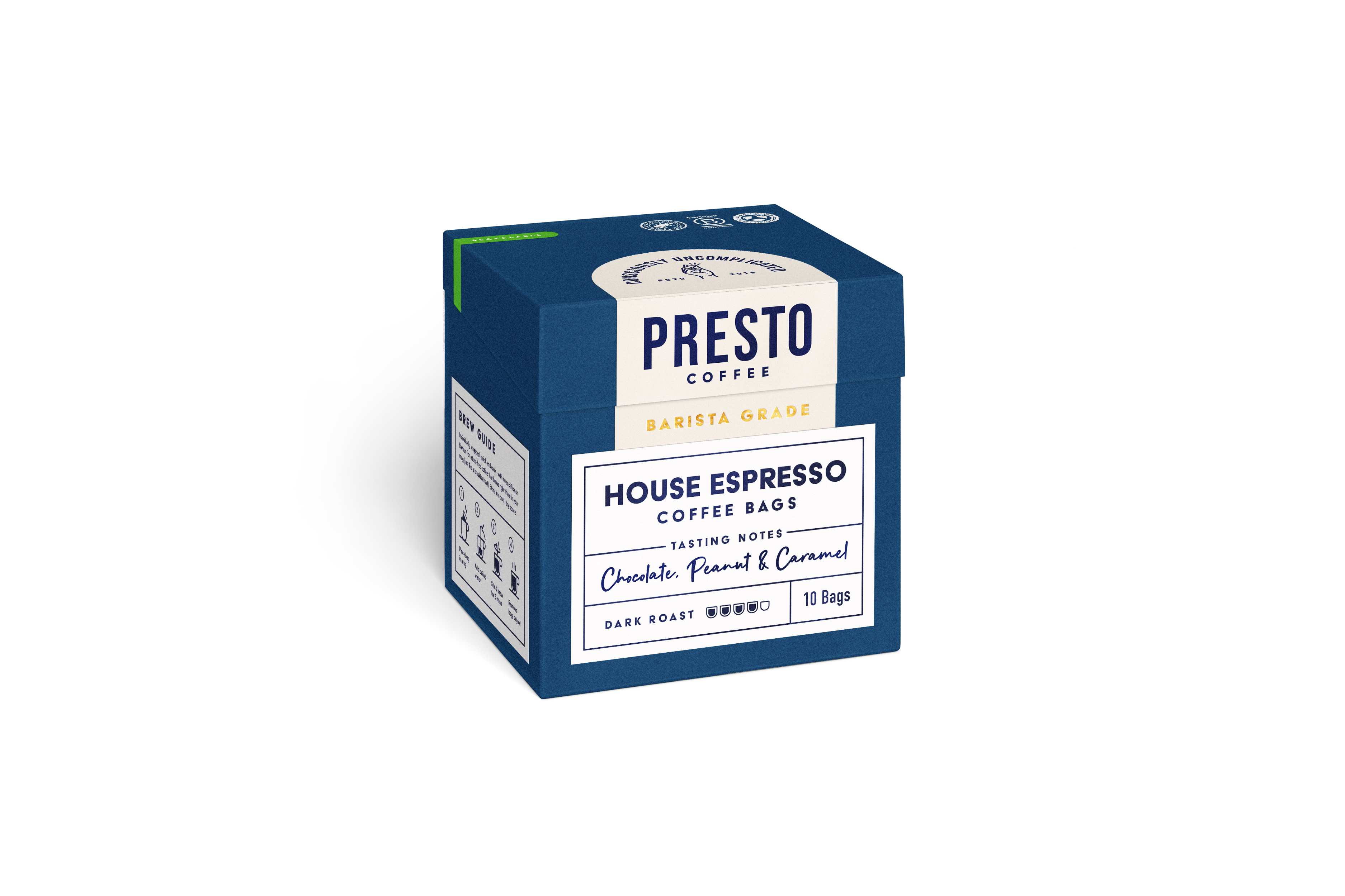 Blue box of Presto Coffee House Espresso coffee bags with tasting notes of chocolate, peanut, and caramel, labeled as barista grade, dark roast, 10 bags included.