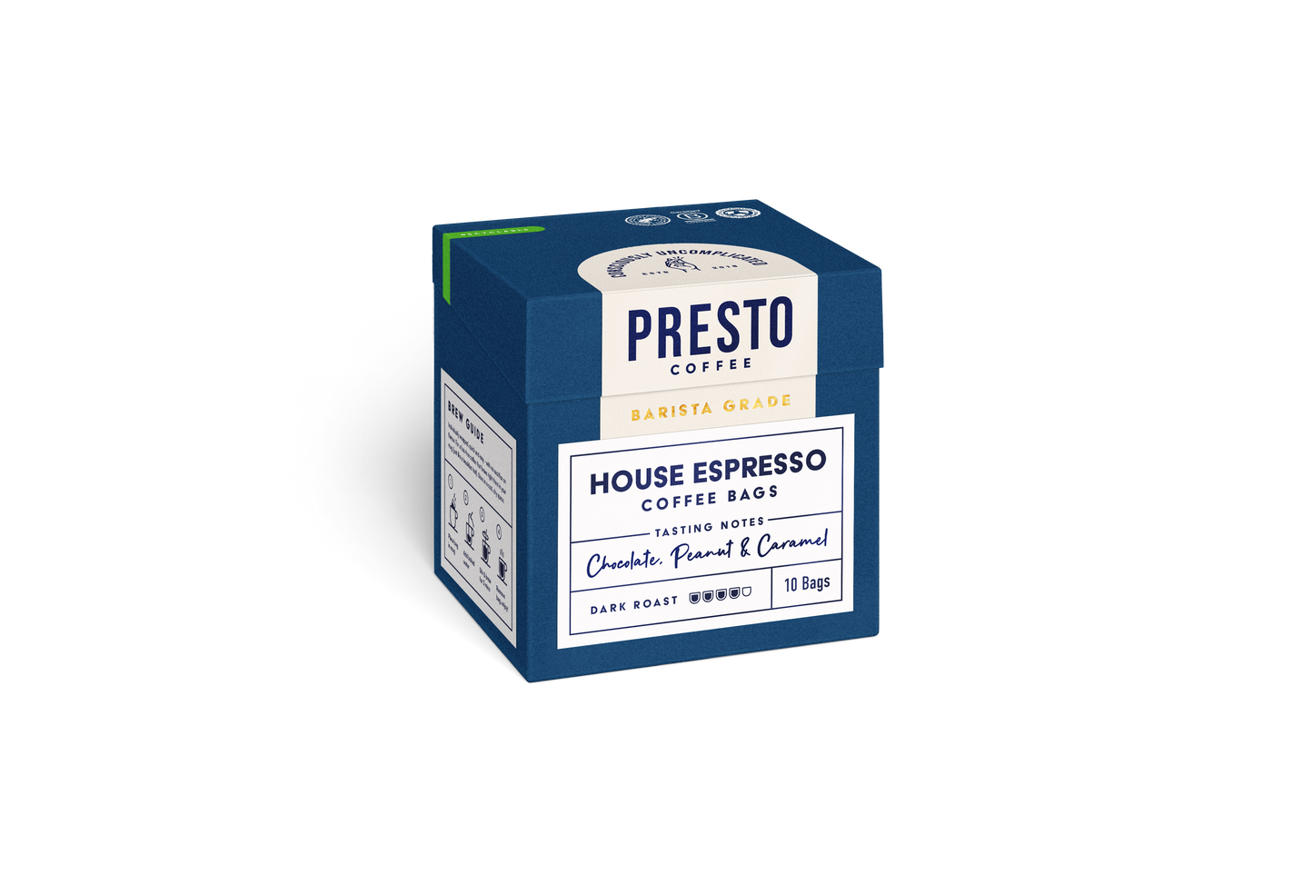 Presto Coffee House Espresso bags packaging, barista grade dark roast, with tasting notes of chocolate, peanut, and caramel, box of 10 bags.