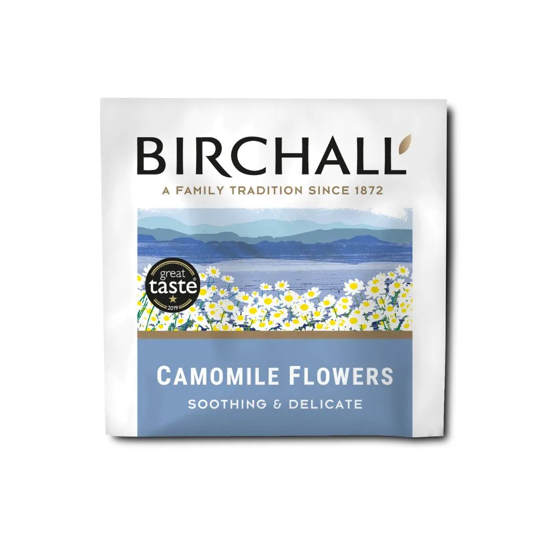 Birchall Camomile Flowers tea packaging, showcasing soothing and delicate qualities with floral design and Great Taste award.