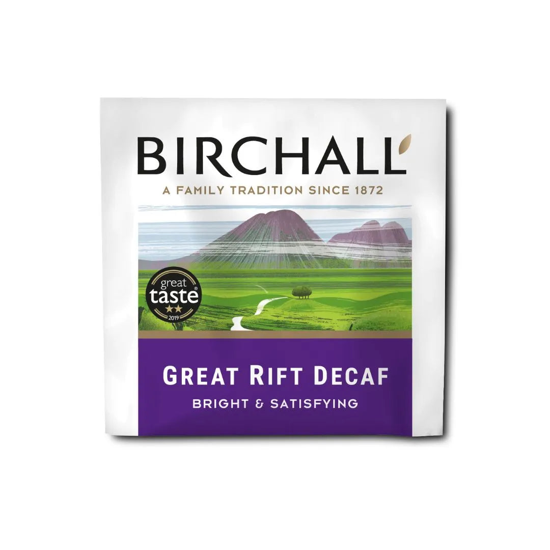 Birchall Great Rift Decaf Tea, premium decaffeinated tea blend, bright and satisfying flavor, Great Taste Award 2019, packaged product.