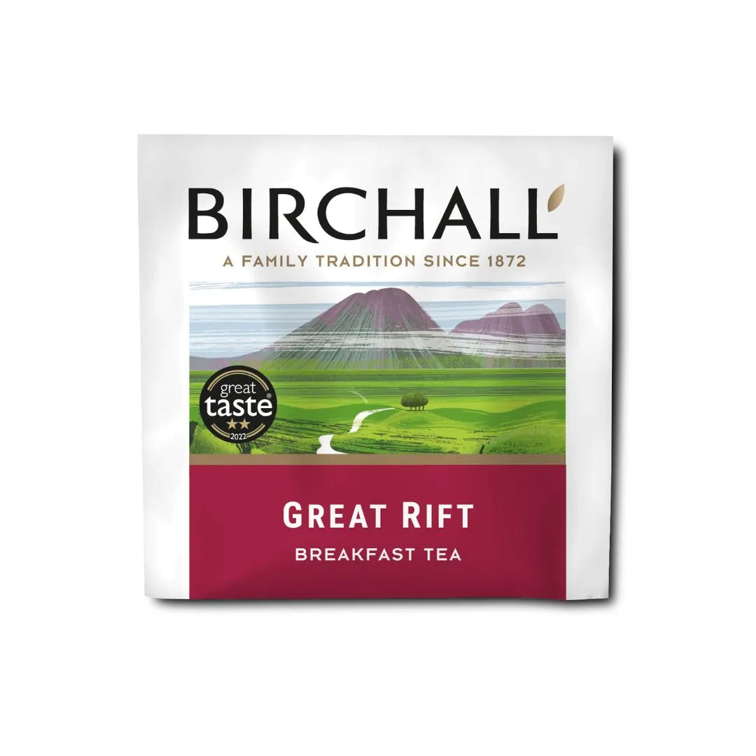 Birchall Great Rift Breakfast Tea packaging, featuring scenic landscape with mountains, award-winning label, traditional family tea brand established in 1872.