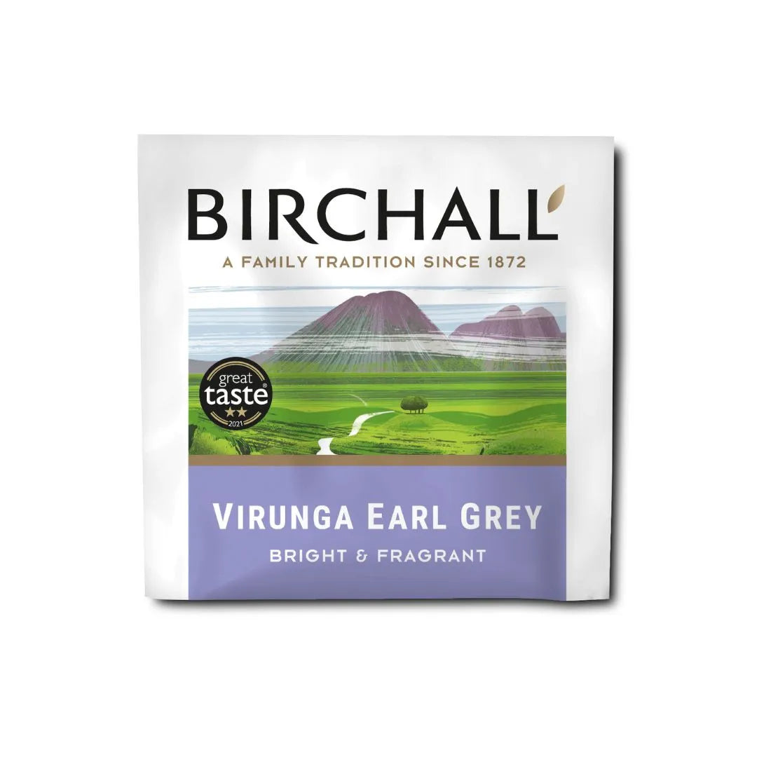 Birchall Virunga Earl Grey tea packaging, featuring a green landscape image with mountains, labeled as bright and fragrant, awarded Great Taste 2021, family tradition since 1872.