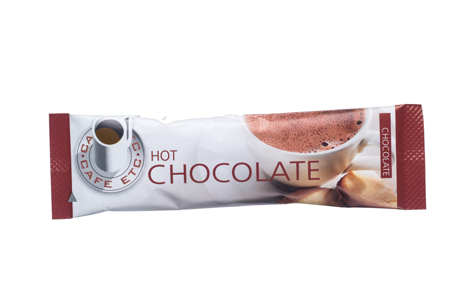 Packaged hot chocolate mix sachet, Cafe etc brand, rich cocoa beverage, easy-preparation drink powder, warm beverage packaging, chocolate flavor.