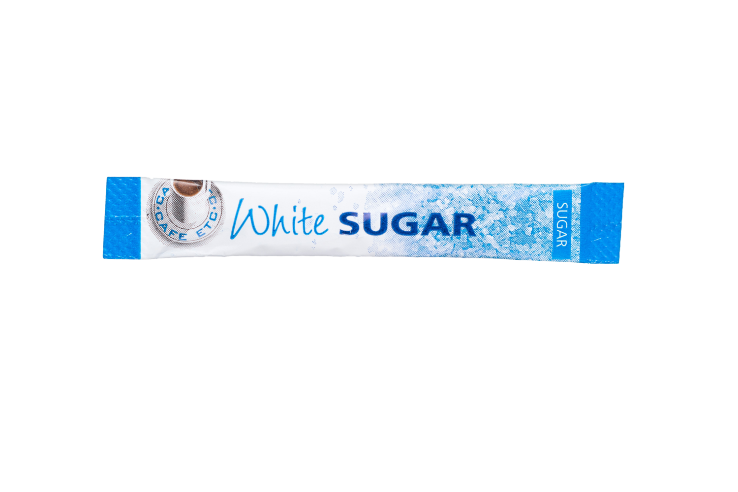 Single-serving packet of white sugar for coffee or tea with textured blue design and clear labeling.