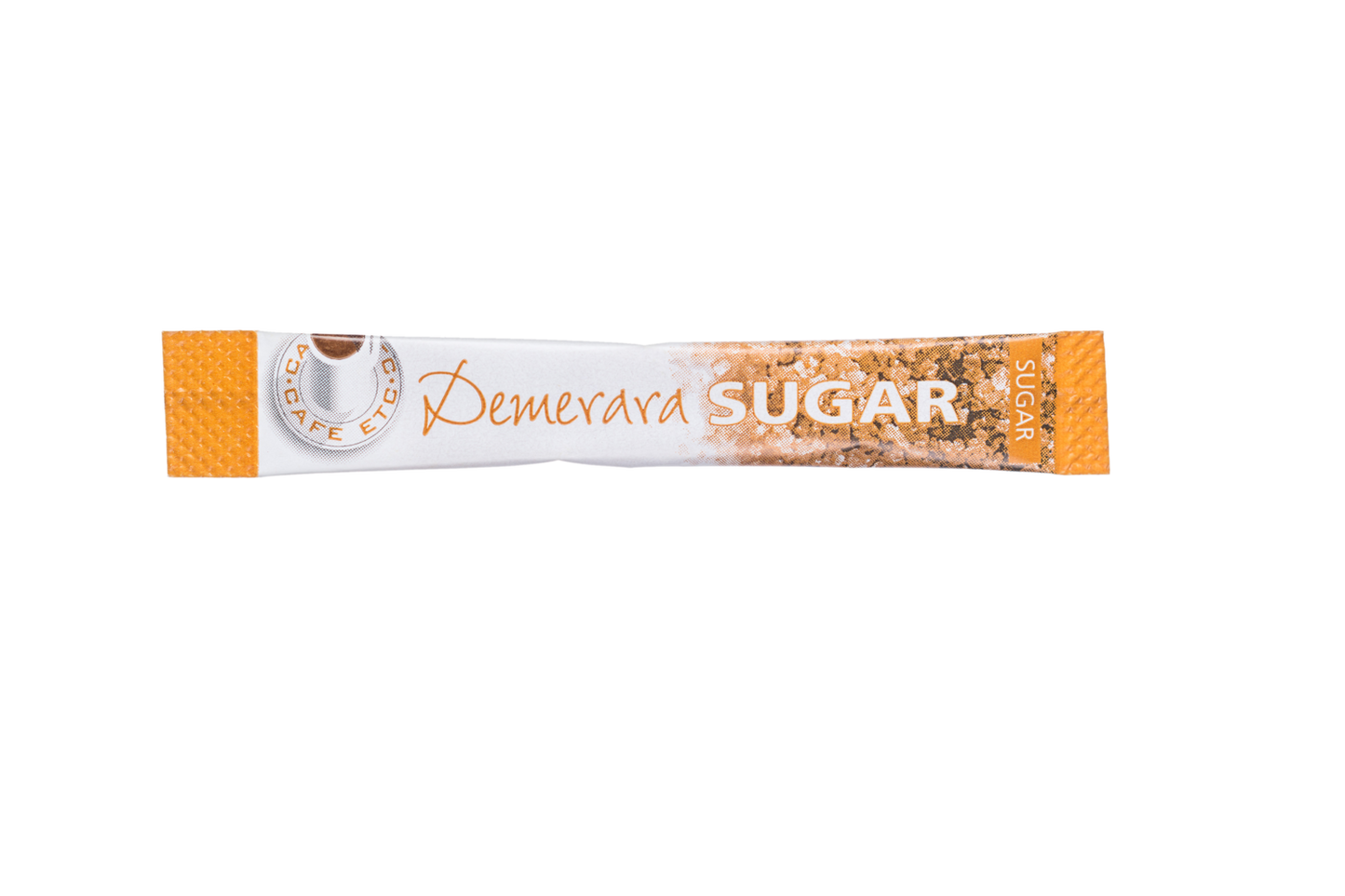 Demerara sugar stick packet with cafe branding, brown sugar crystals, and orange design elements.