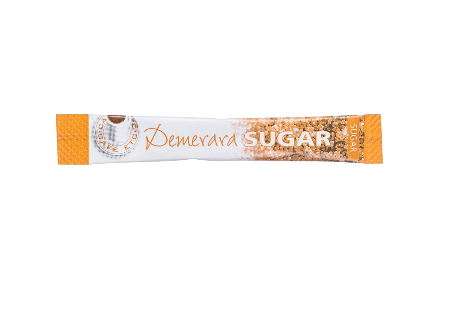 Demerara sugar packet, white and orange design, Cafe branding, sweetener packaging, brown sugar crystals.