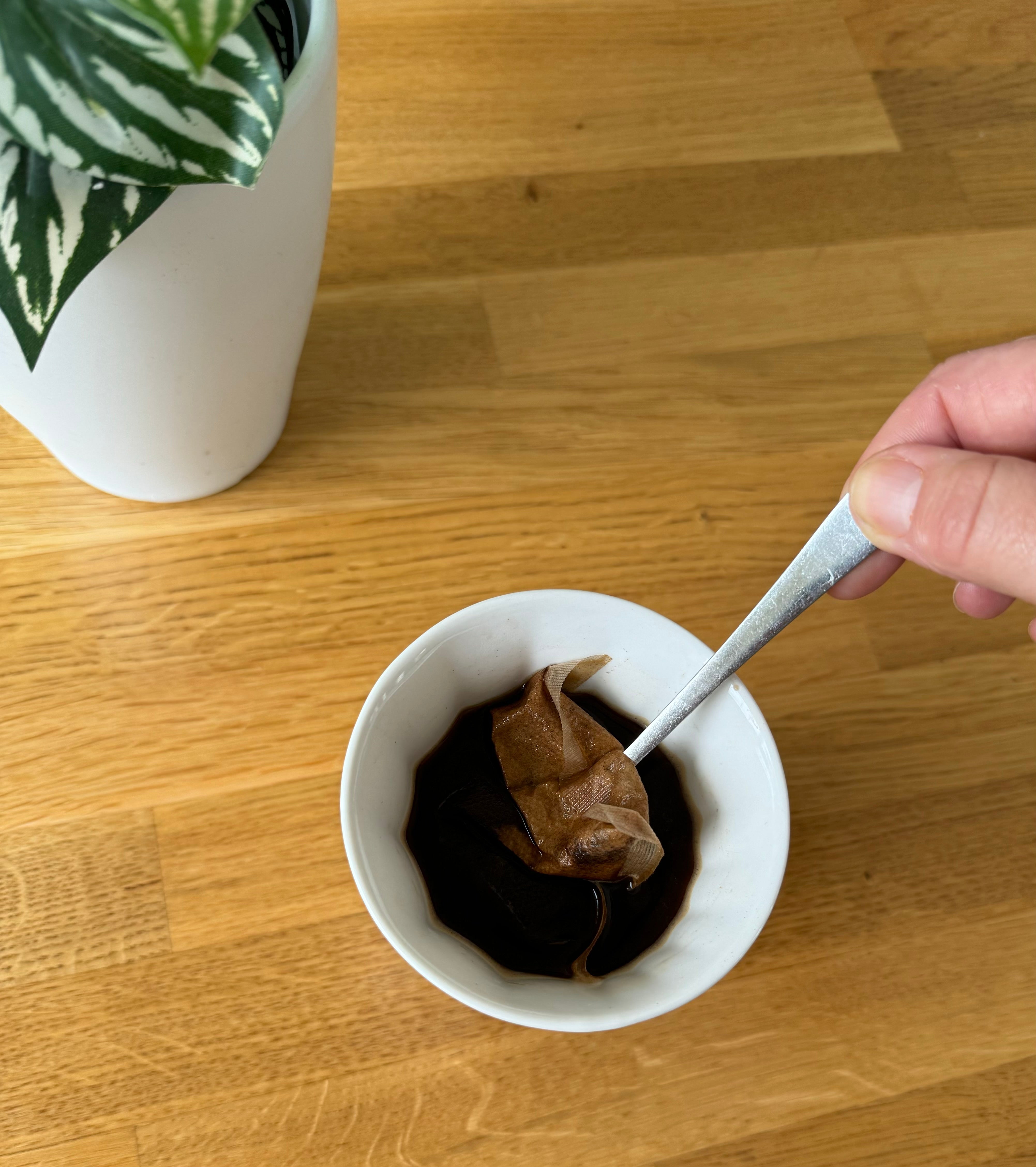 Hand holding a spoon pulling a teabag from a cup of coffee on a wooden table next to a white pot with green plant.