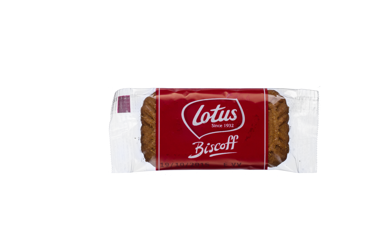 Lotus Biscoff cookie packaging, individually wrapped, red and white design, original caramelized biscuit, snack size, since 1932.