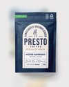 Presto Coffee House Espresso, specialty grade ground coffee, dark roast, 200g package, featuring tasting notes of chocolate, peanut, and caramel, recyclable packaging, B Corp certified.