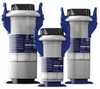 Three Brita Purity Quell ST water filters of varying sizes with blue and silver design, suitable for commercial water filtration systems.