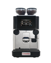 Commercial espresso coffee machine with dual bean hoppers and touchscreen interface, sleek black and silver design, ideal for cafes and restaurants.