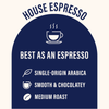 House espresso poster featuring single-origin Arabica beans, described as smooth and chocolatey, with a medium roast profile.