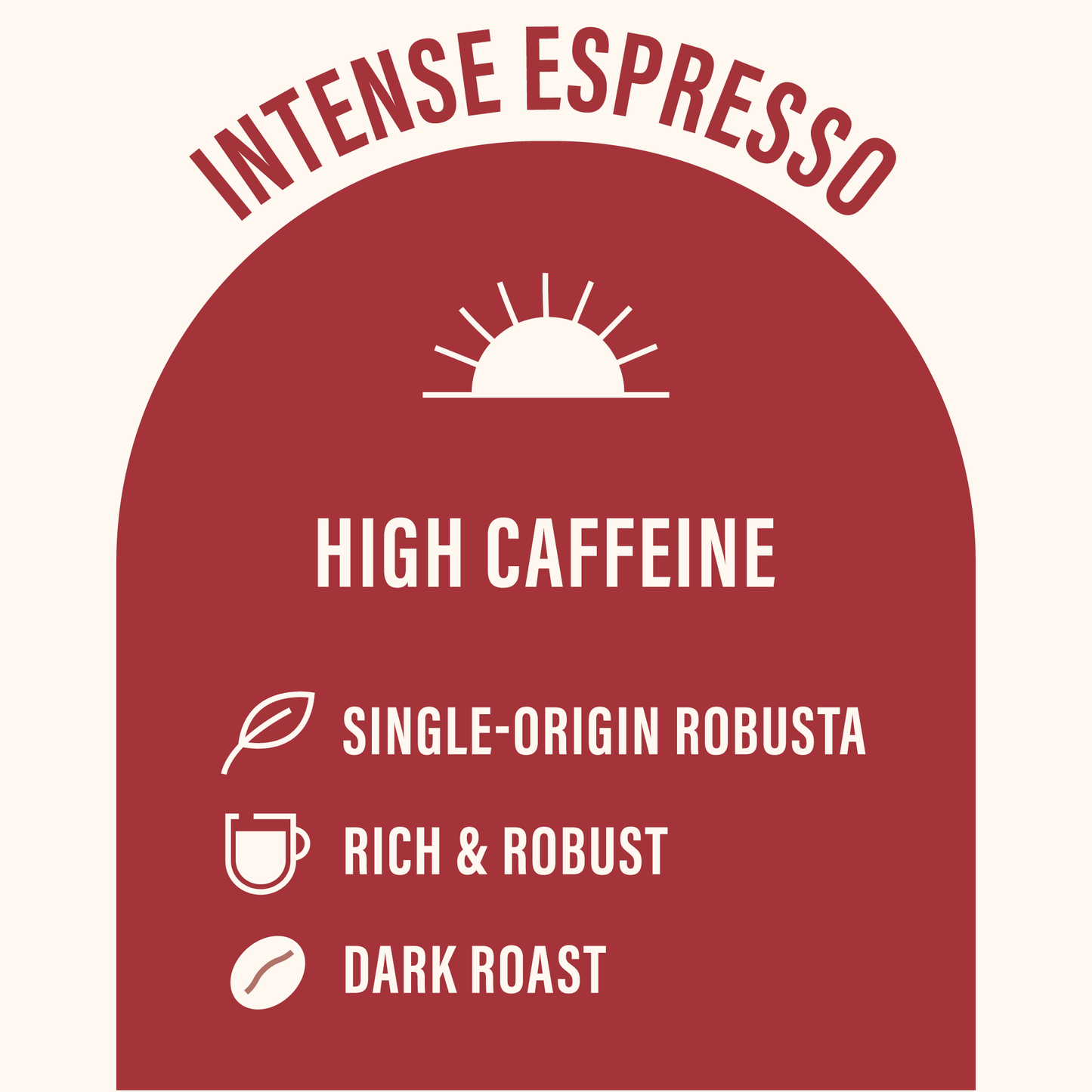 Intense espresso label with high caffeine, single-origin robusta, rich and robust flavor, dark roast.