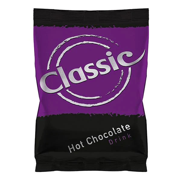 Classic hot chocolate drink pouch with purple and black packaging design.